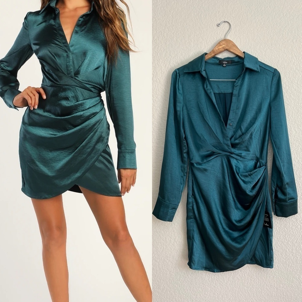 NWT Stylish Taste Dark Teal Satin Collared Long Sleeve Mini Dress